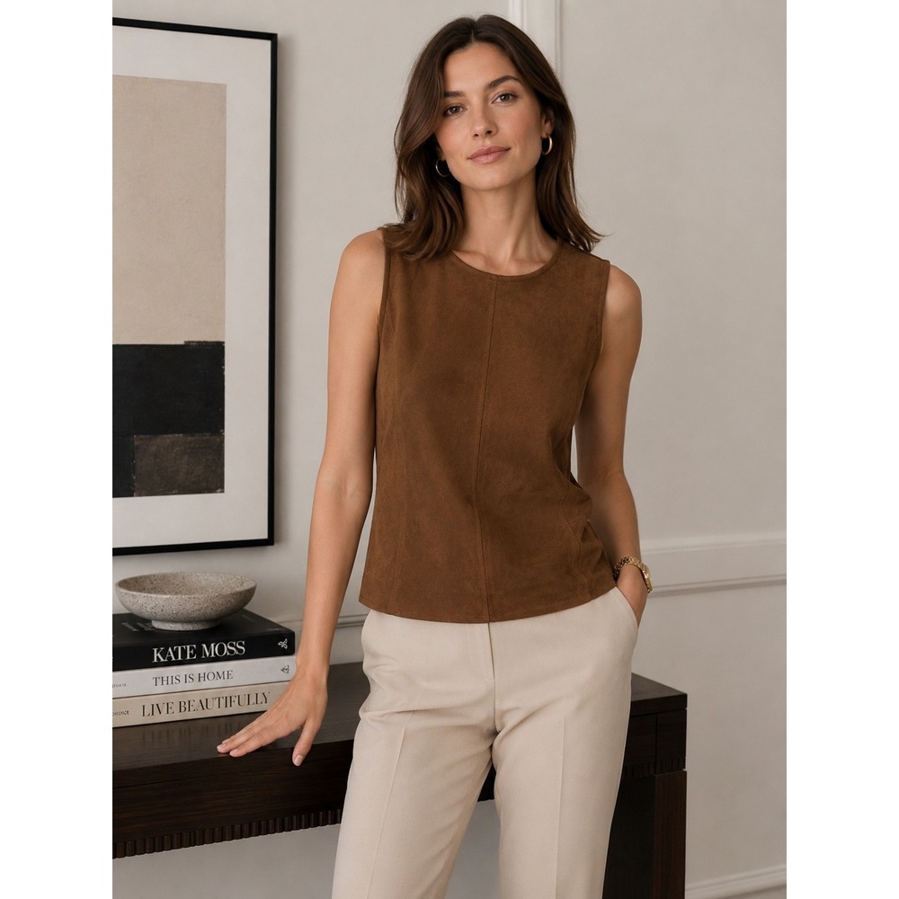 Ann Taylor Womens Cognac Brown Faux Suede Mixed‎ Media Sleeveless Shell Top L